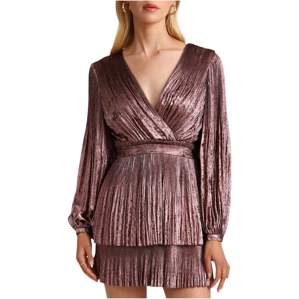 AVEC LES FILLES Metallic Pleated Tiered Mini Dress Pink & Black Size 12